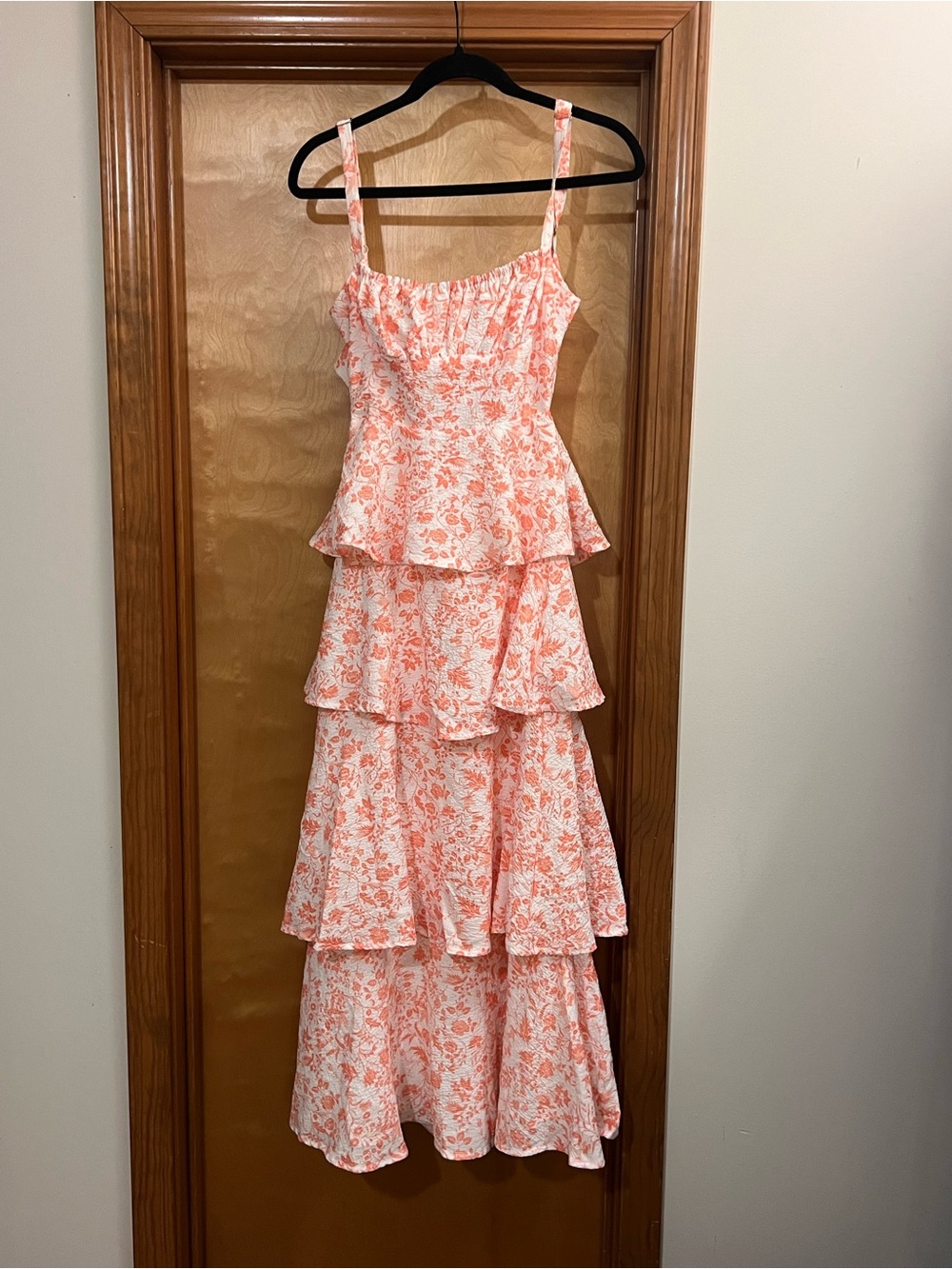 Tiered Pink Floral Maxi Dress with Ruffled Bodice
